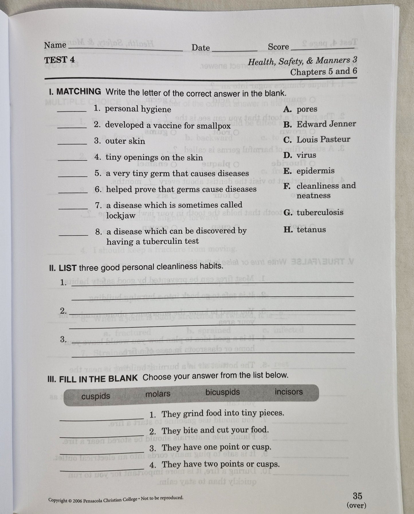 Abeka Health Safety & Manners 3rd Edition Grade 3 Tests, Quizzes, and Worksheets (Wie neu, 2006, Taschenbuch, 43 Seiten, A Beka Book)