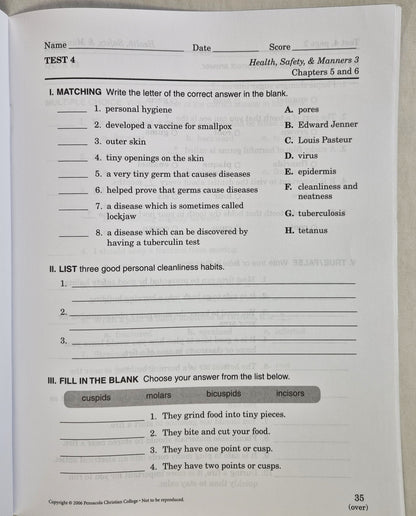 Abeka Health Safety & Manners 3rd Edition Grade 3 Tests, Quizzes, and Worksheets (Wie neu, 2006, Taschenbuch, 43 Seiten, A Beka Book)