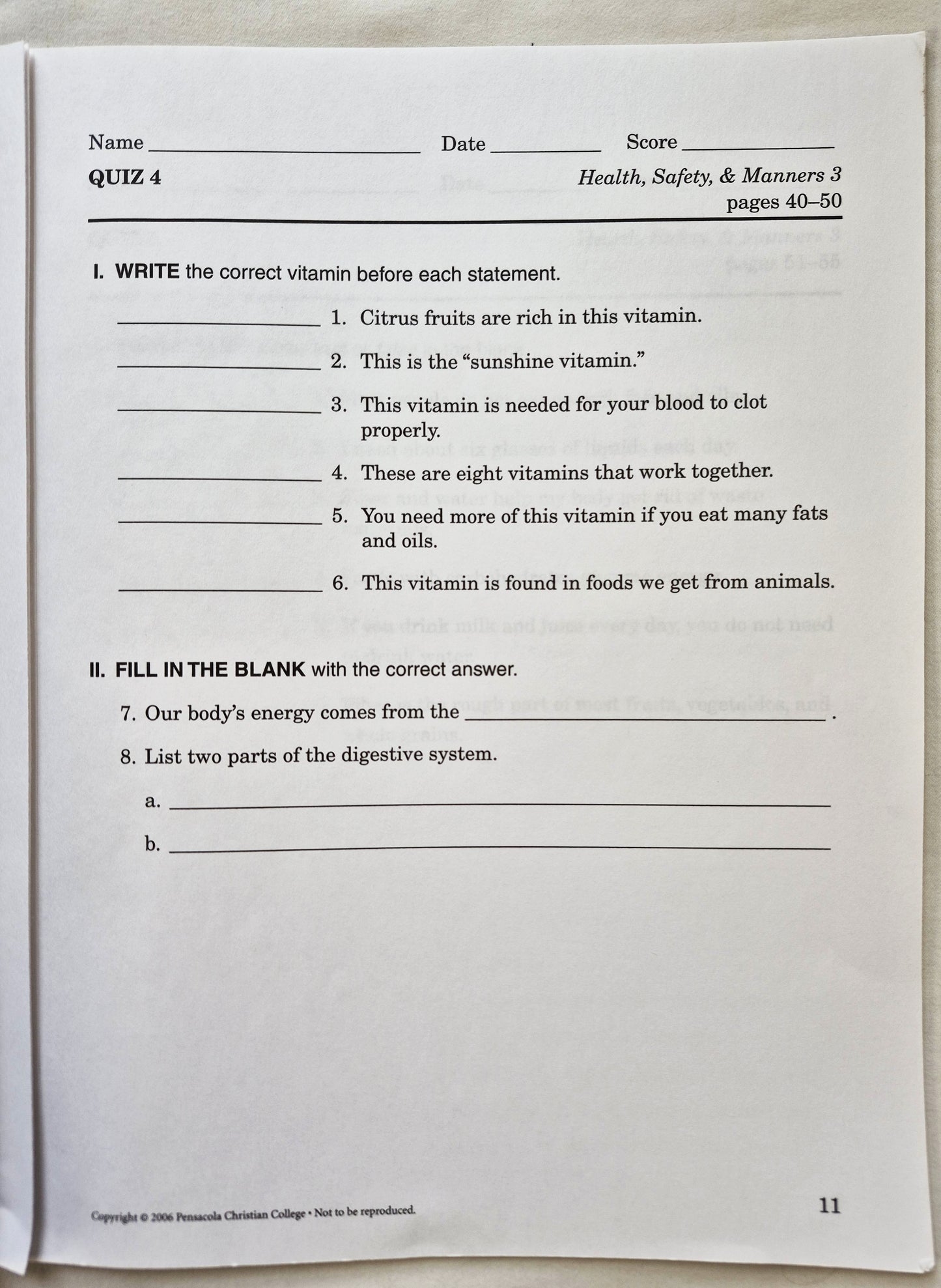 Abeka Health Safety & Manners 3rd Edition Grade 3 Tests, Quizzes, and Worksheets (Wie neu, 2006, Taschenbuch, 43 Seiten, A Beka Book)
