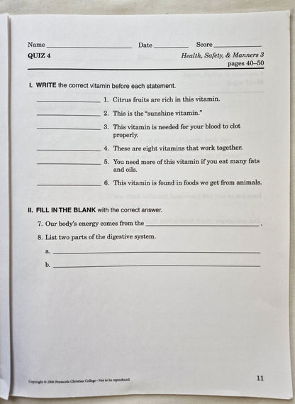 Abeka Health Safety & Manners 3rd Edition Grade 3 Tests, Quizzes, and Worksheets (Wie neu, 2006, Taschenbuch, 43 Seiten, A Beka Book)