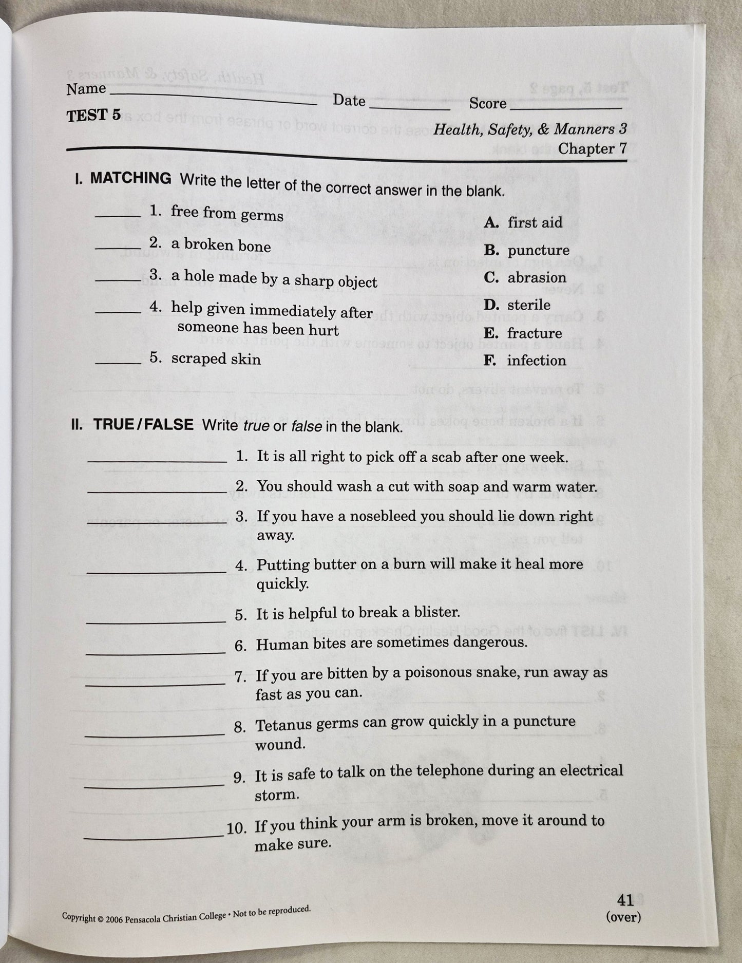 Abeka Health Safety & Manners 3rd Edition Grade 3 Tests, Quizzes, and Worksheets (Wie neu, 2006, Taschenbuch, 43 Seiten, A Beka Book)