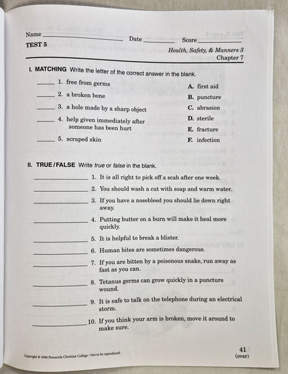 Abeka Health Safety & Manners 3rd Edition Grade 3 Tests, Quizzes, and Worksheets (Wie neu, 2006, Taschenbuch, 43 Seiten, A Beka Book)