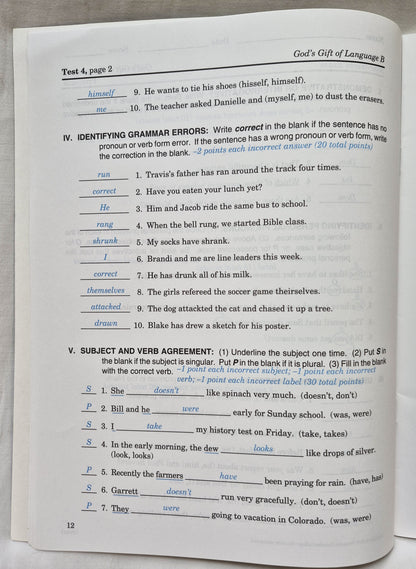 Abeka God's Gift of Language B Teacher Ed., Tests, Test Key Set 2nd edition