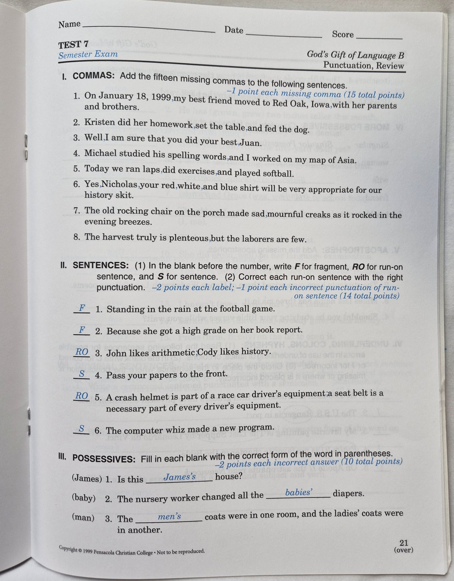 Abeka God's Gift of Language B Teacher Ed., Tests, Test Key Set 2nd edition
