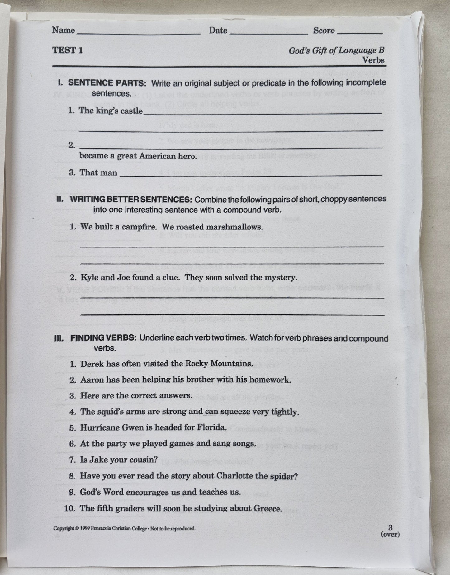 Abeka God's Gift of Language B Teacher Ed., Tests, Test Key Set 2nd edition