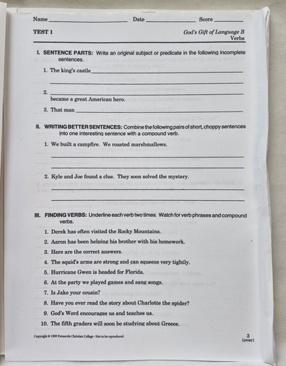 Abeka God's Gift of Language B Teacher Ed., Tests, Test Key Set 2nd edition