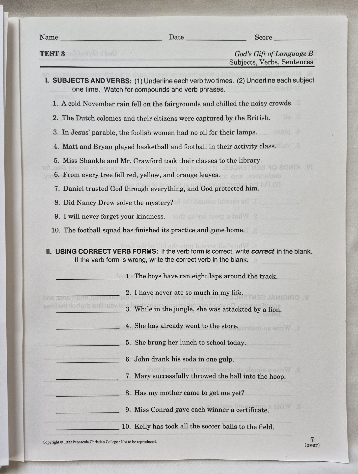 Abeka God's Gift of Language B Teacher Ed., Tests, Test Key Set 2nd edition
