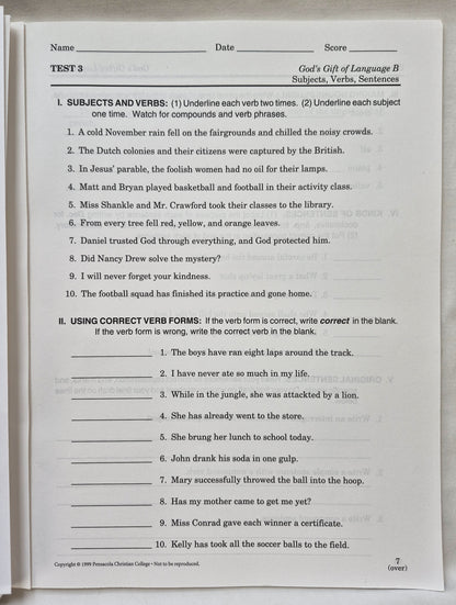 Abeka God's Gift of Language B Teacher Ed., Tests, Test Key Set 2nd edition
