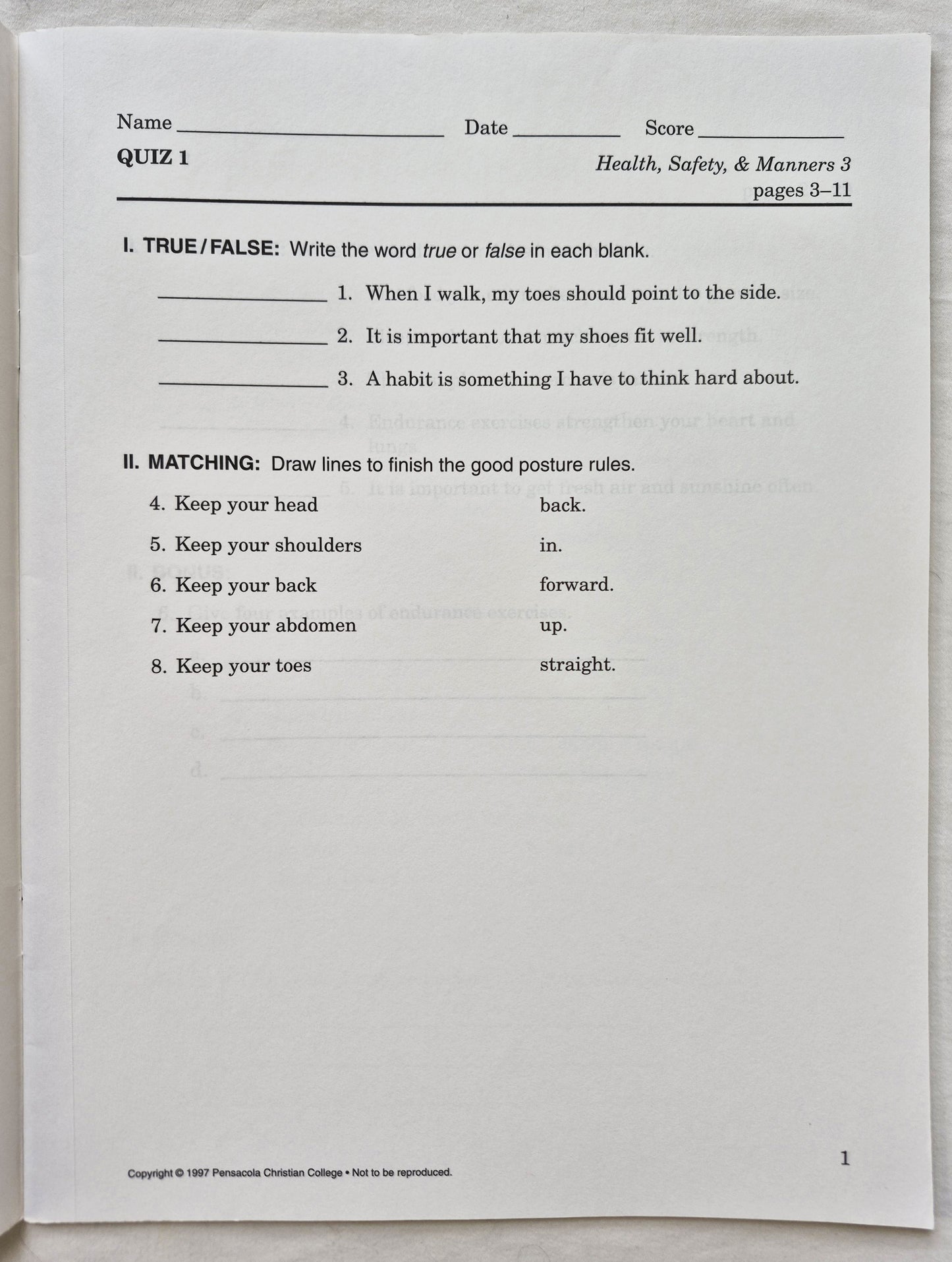 Abeka Health Safety & Manners 2nd Edition Grade 3 Tests, Quizzes, and Worksheets (Very good, 2005, Pbk, 43 pages, A Beka Book)