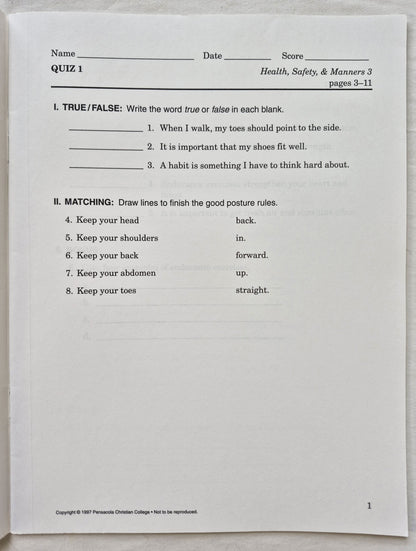 Abeka Health Safety & Manners 2nd Edition Grade 3 Tests, Quizzes, and Worksheets (Very good, 2005, Pbk, 43 pages, A Beka Book)
