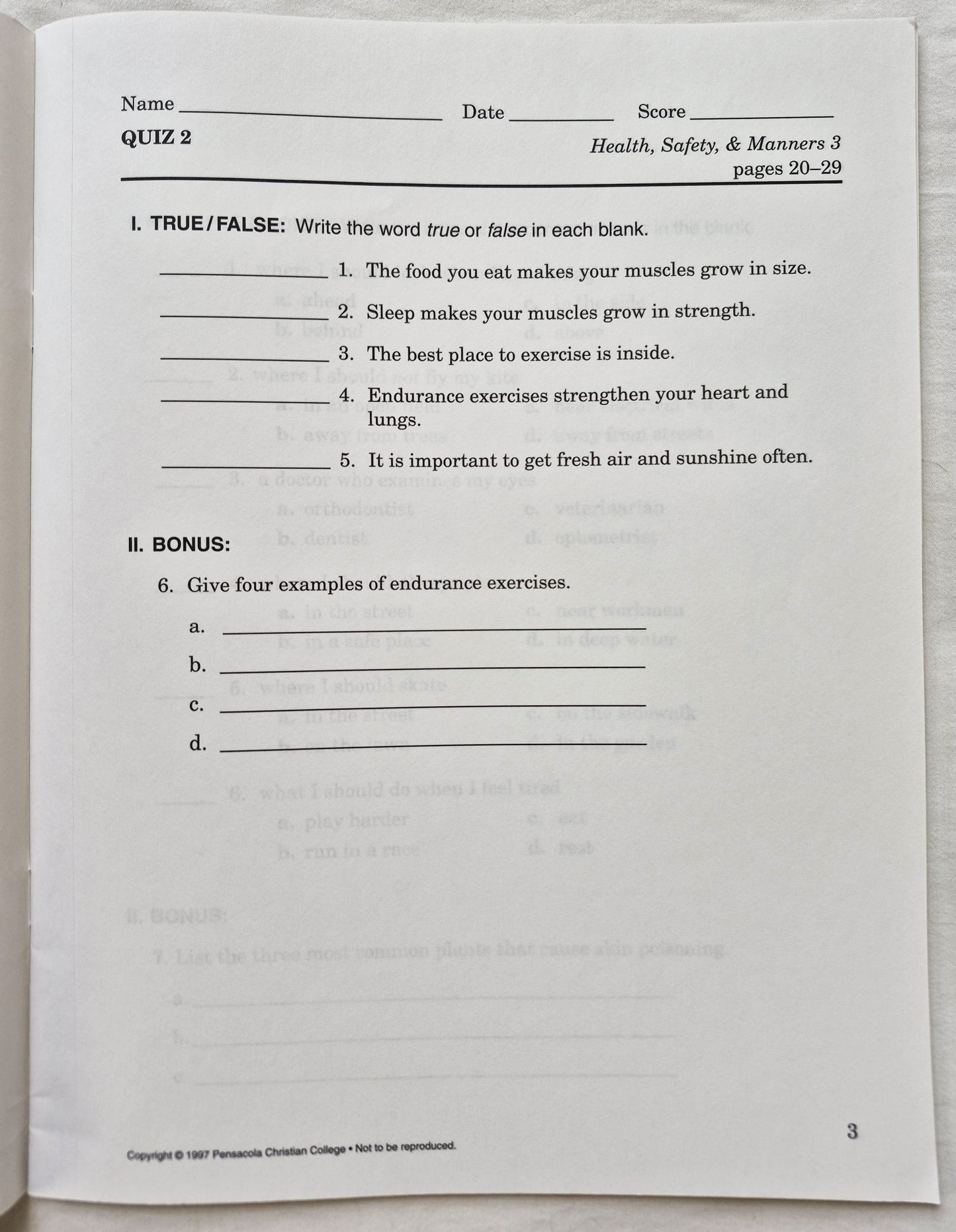 Abeka Health Safety & Manners 2nd Edition Grade 3 Tests, Quizzes, and Worksheets (Very good, 2005, Pbk, 43 pages, A Beka Book)