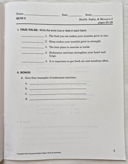 Abeka Health Safety & Manners 2nd Edition Grade 3 Tests, Quizzes, and Worksheets (Very good, 2005, Pbk, 43 pages, A Beka Book)