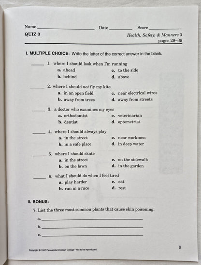 Abeka Health Safety & Manners 2nd Edition Grade 3 Tests, Quizzes, and Worksheets (Very good, 2005, Pbk, 43 pages, A Beka Book)