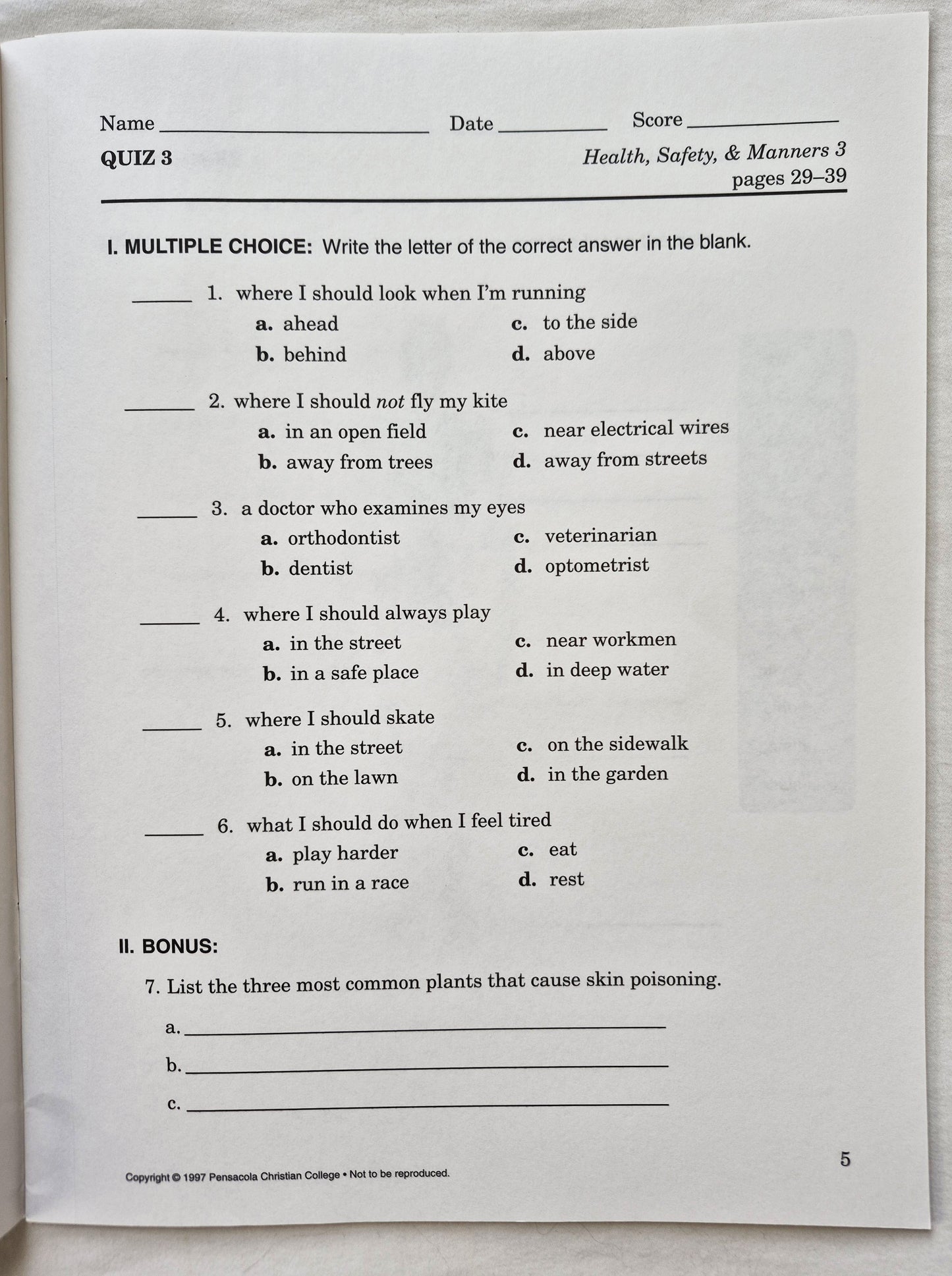 Abeka Health Safety & Manners 2nd Edition Grade 3 Tests, Quizzes, and Worksheets (Very good, 2005, Pbk, 43 pages, A Beka Book)