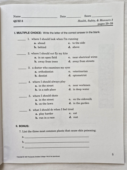 Abeka Health Safety & Manners 2nd Edition Grade 3 Tests, Quizzes, and Worksheets (Very good, 2005, Pbk, 43 pages, A Beka Book)