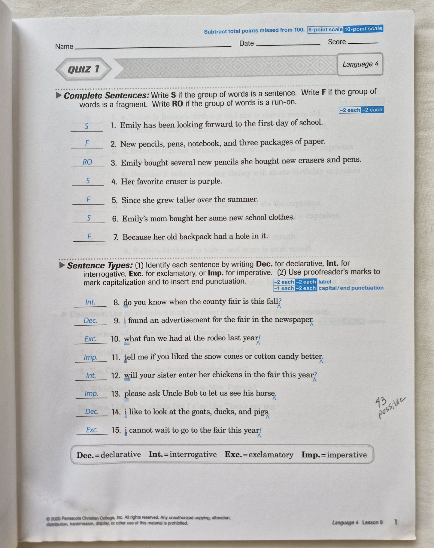 Abeka God's Gift of Language 4 Quiz & Test Key (Sehr gut, 2020, Taschenbuch, 128 S.)