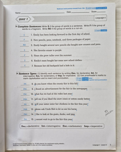 Abeka God's Gift of Language 4 Quiz & Test Key (Sehr gut, 2020, Taschenbuch, 128 S.)