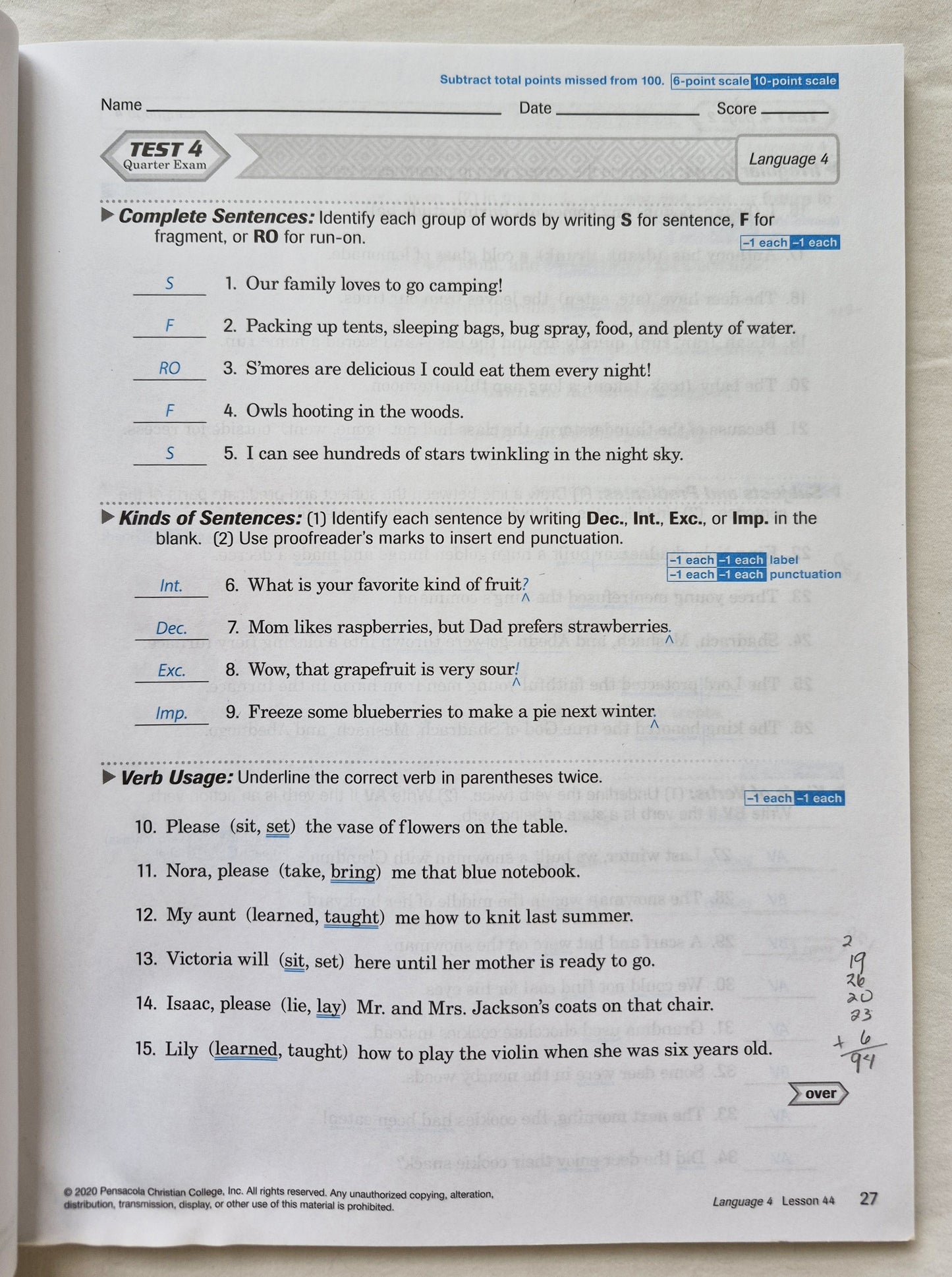 Abeka God's Gift of Language 4 Quiz & Test Key (Sehr gut, 2020, Taschenbuch, 128 S.)