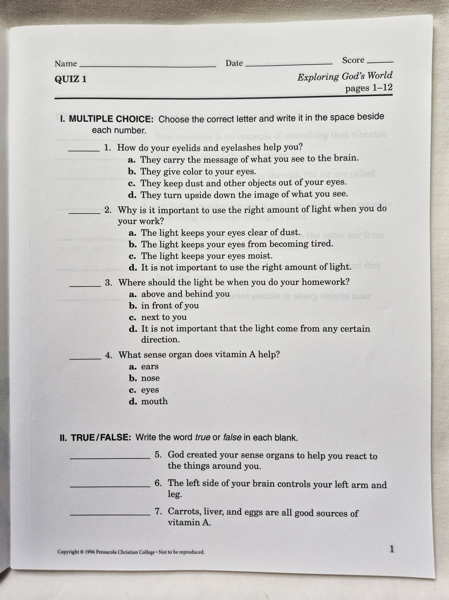 Abeka Exploring God's World Grade 3 Tests/Quizzes/Worksheets (Gut, 1996, Taschenbuch, 56 S.)