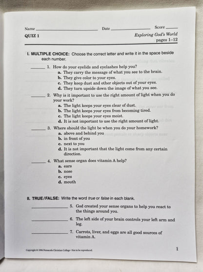 Abeka Exploring God's World Grade 3 Tests/Quizzes/Worksheets (Gut, 1996, Taschenbuch, 56 S.)