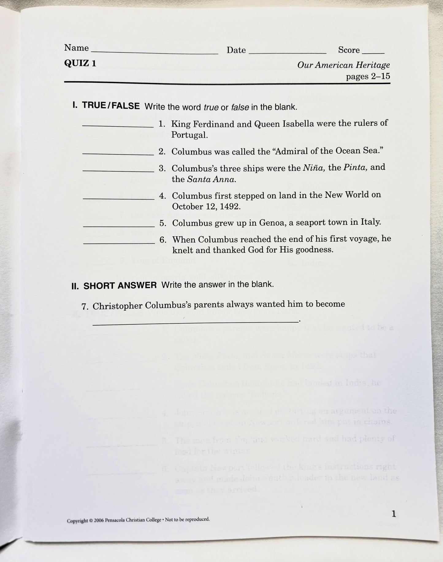 Abeka Our American Heritage Grade 3 Quizzes and Tests 4. Auflage (Wie neu, 2006, Pbk, 65 Seiten)