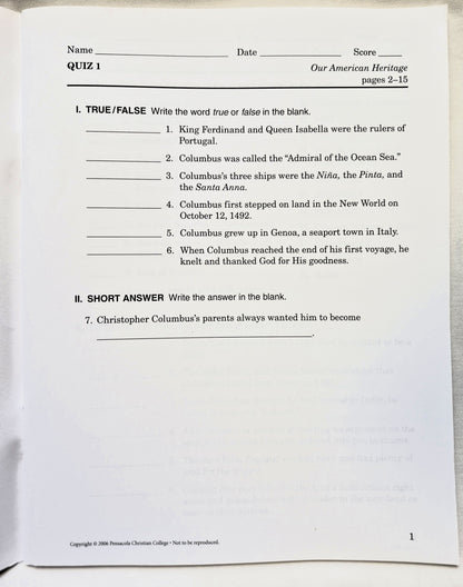 Abeka Our American Heritage Grade 3 Quizzes and Tests 4. Auflage (Wie neu, 2006, Pbk, 65 Seiten)