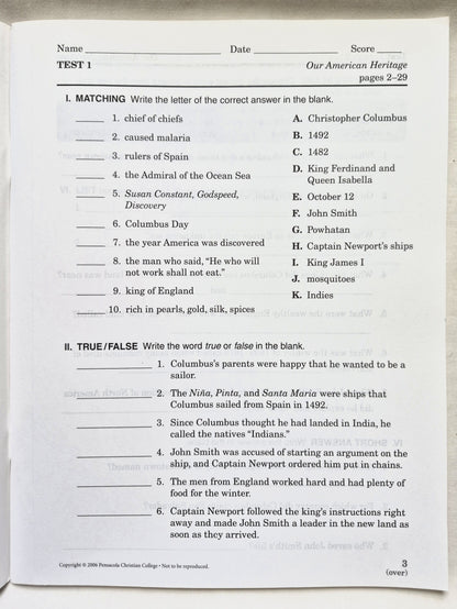 Abeka Our American Heritage Grade 3 Quizzes and Tests 4. Auflage (Wie neu, 2006, Pbk, 65 Seiten)