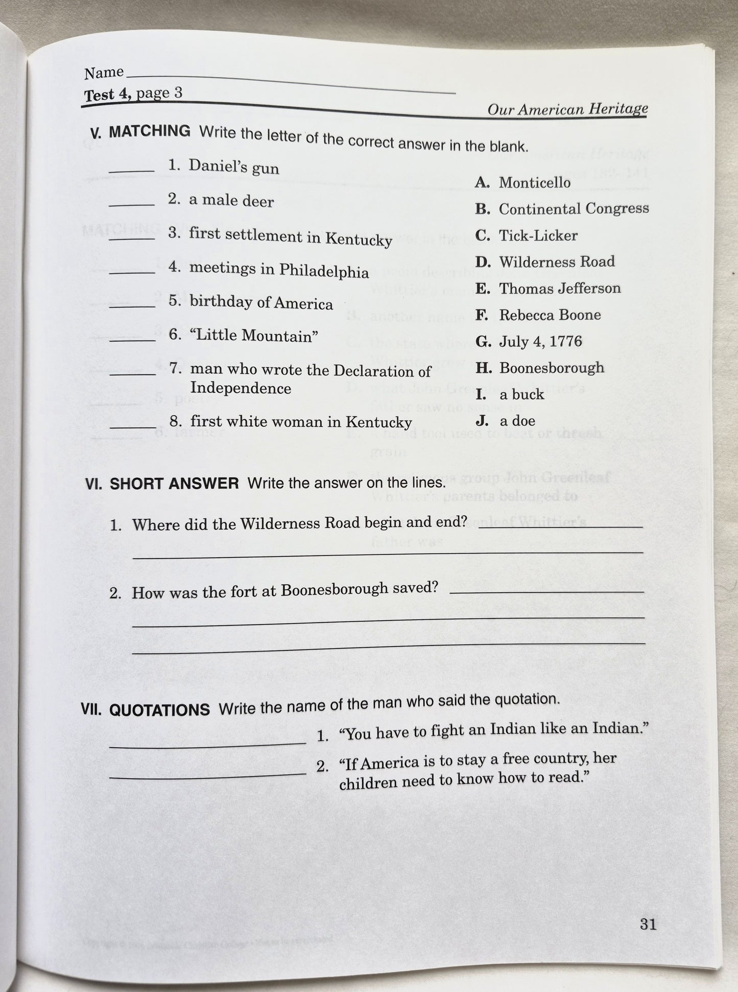 Abeka Our American Heritage Grade 3 Quizzes and Tests 4. Auflage (Wie neu, 2006, Pbk, 65 Seiten)