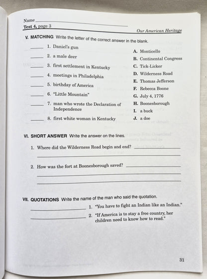 Abeka Our American Heritage Grade 3 Quizzes and Tests 4. Auflage (Wie neu, 2006, Pbk, 65 Seiten)