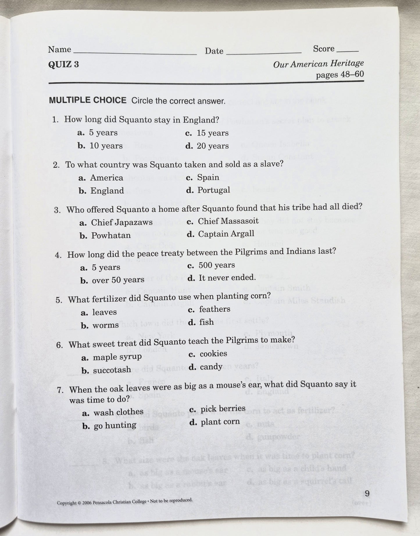 Abeka Our American Heritage Grade 3 Quizzes and Tests 4. Auflage (Wie neu, 2006, Pbk, 65 Seiten)