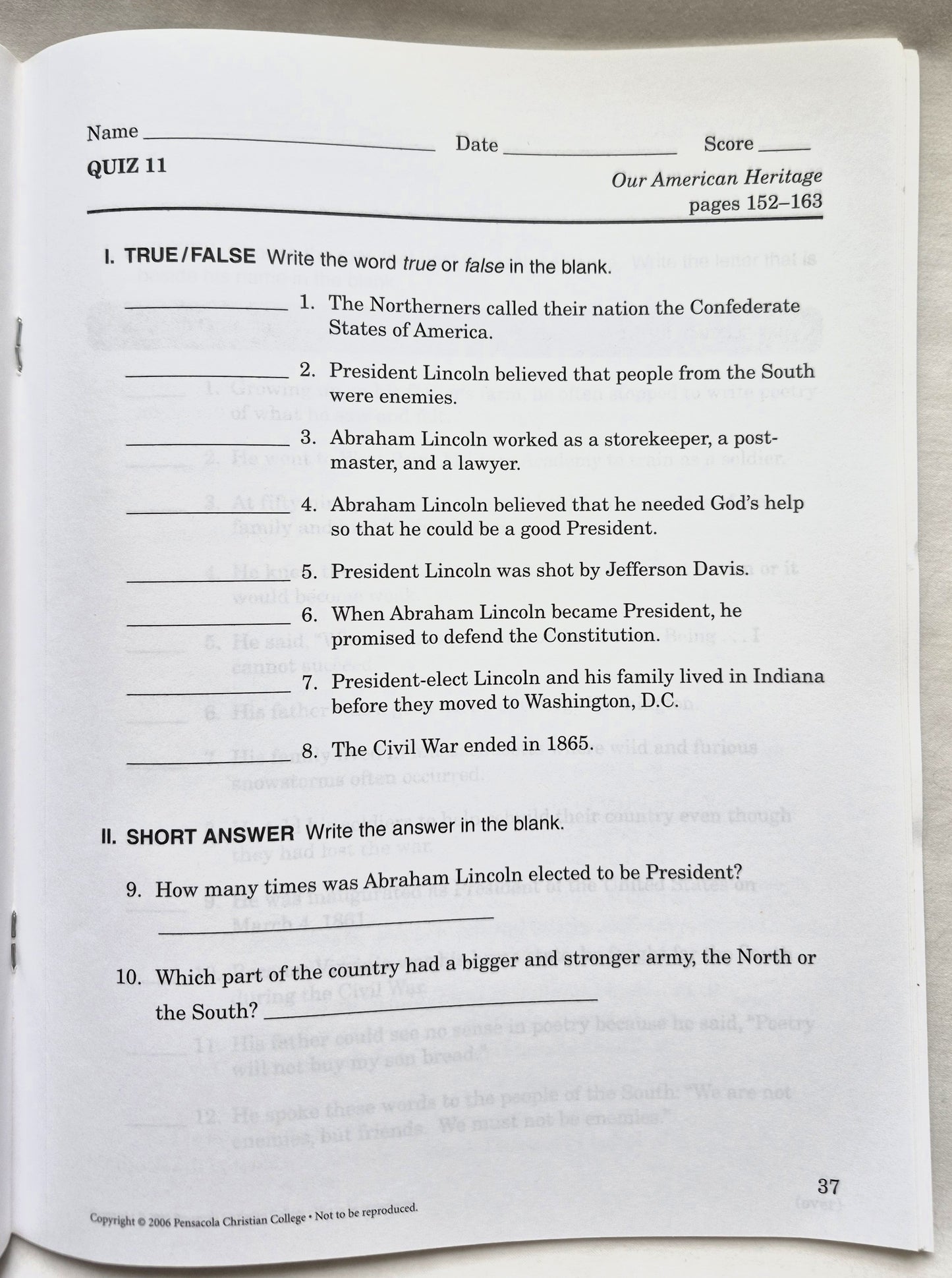 Abeka Our American Heritage Grade 3 Quizzes and Tests 4. Auflage (Wie neu, 2006, Pbk, 65 Seiten)