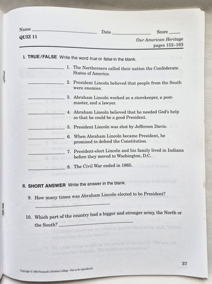 Abeka Our American Heritage Grade 3 Quizzes and Tests 4. Auflage (Wie neu, 2006, Pbk, 65 Seiten)