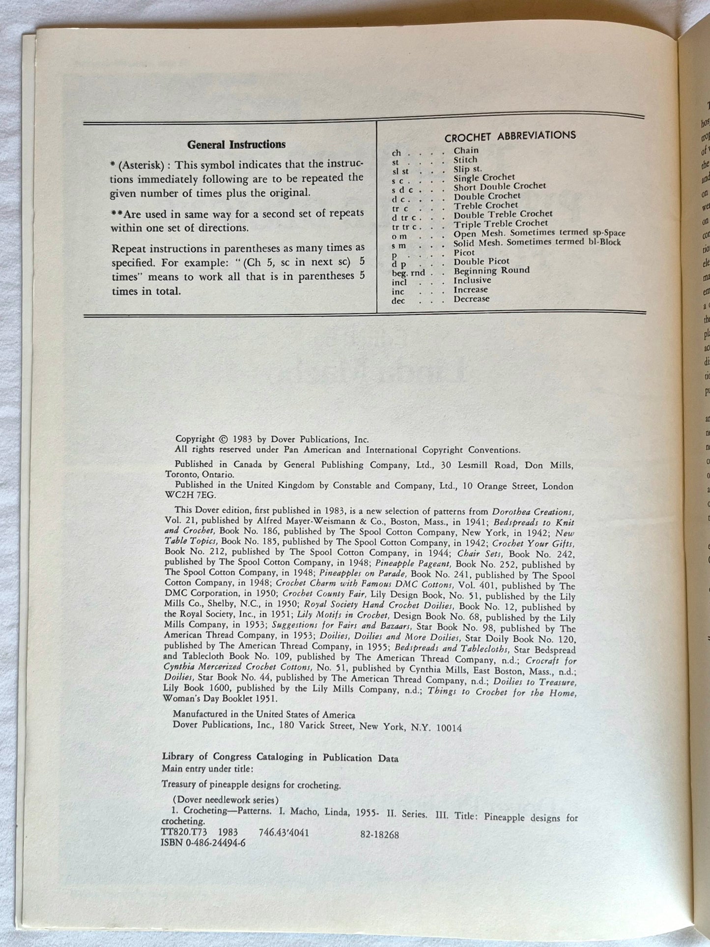 Treasury of Pineapple Designs for Crocheting Herausgeberin Linda Macho (Sehr gut, 1983, Paperback, 48 S., Dover)