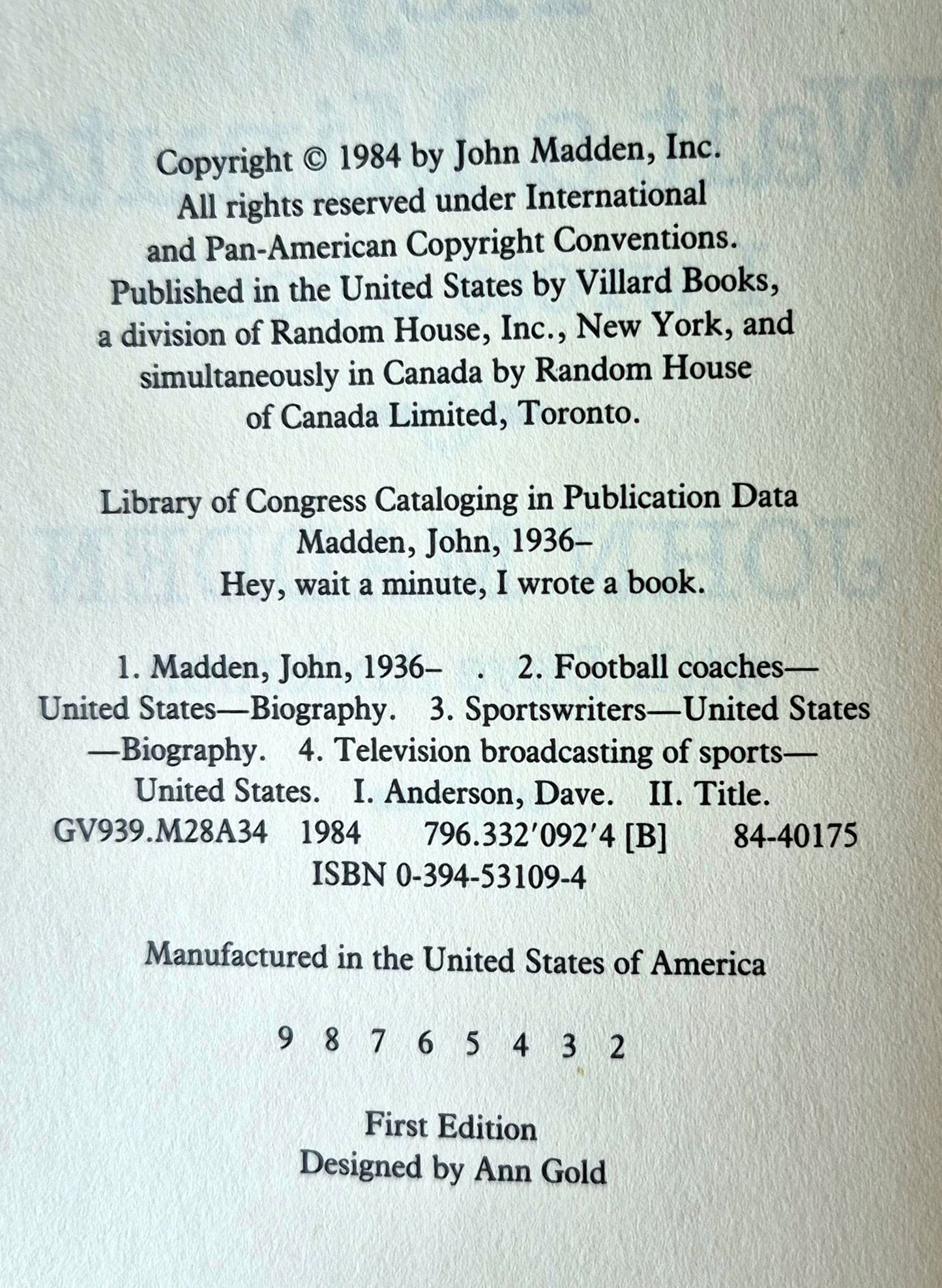 Hey, Wait a Minute (I Wrote a Book!) von John Madden (Sehr gut, 1984, HC, 240 Seiten, Villard Books)