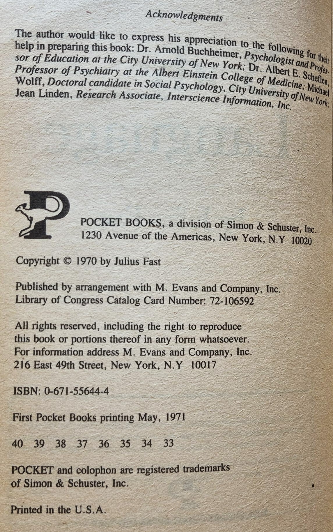 Body Language von Julius Fast (Gut, 1971, Taschenbuch, 183 Seiten, Pocket Books)