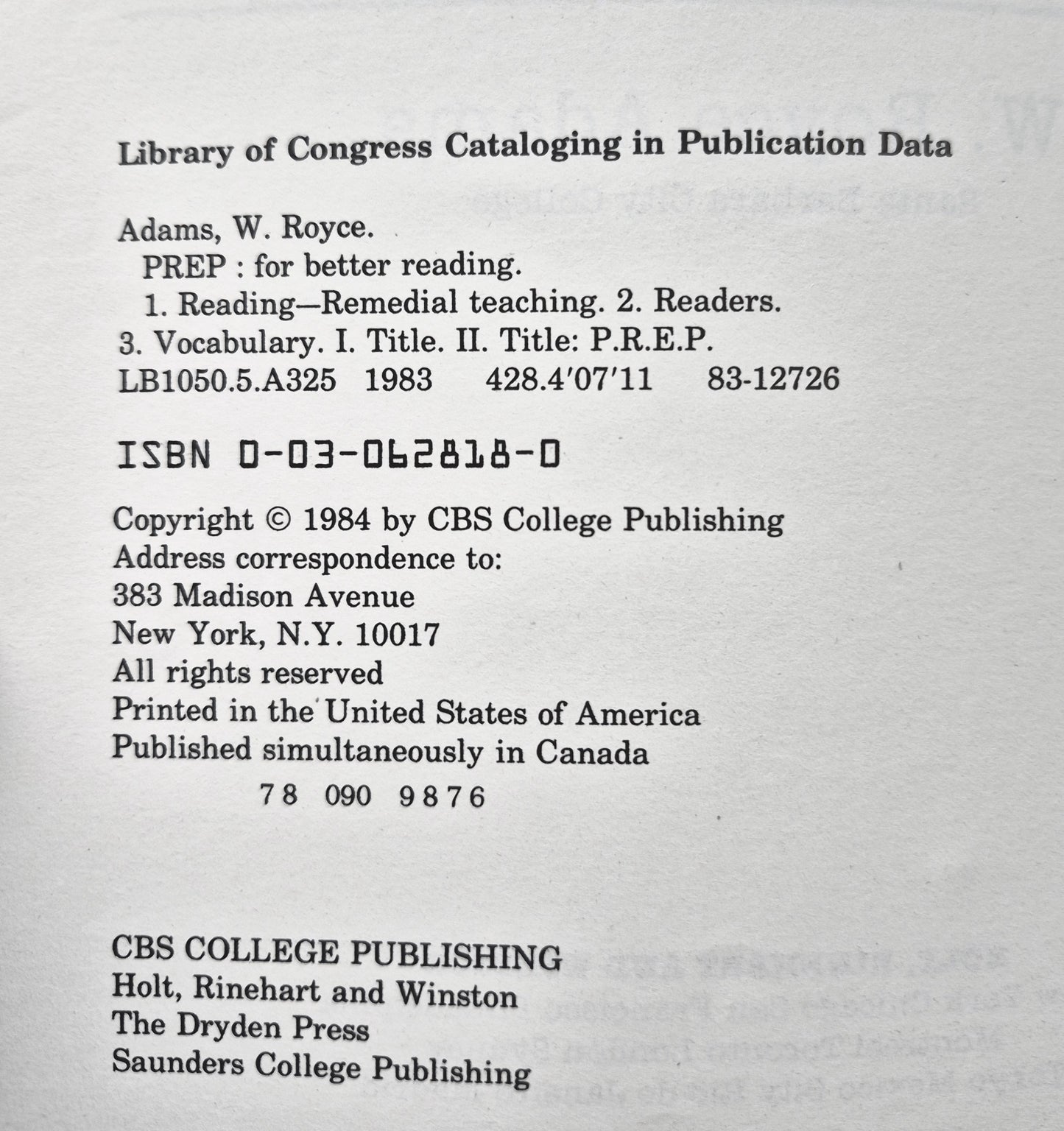 Prep for Better Reading 2nd Ed. von W. Royce Adams (Gut, 1984, TB, 369 S., CBS College Pub.)