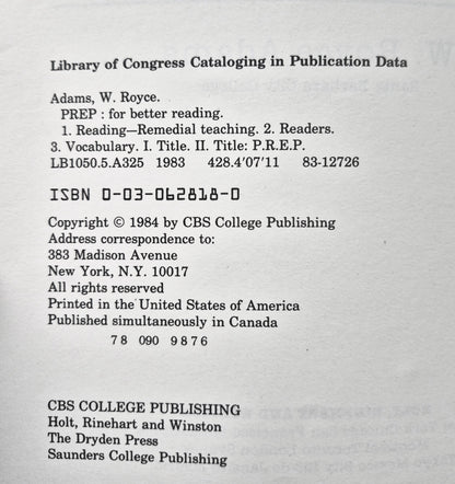 Prep for Better Reading 2nd Ed. von W. Royce Adams (Gut, 1984, TB, 369 S., CBS College Pub.)