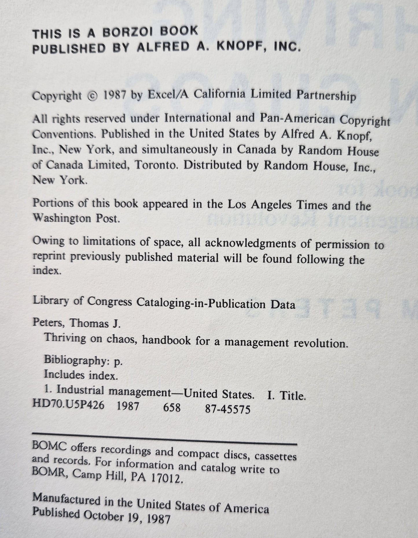 Thriving on Chaos: Handbook for a Management Revolution von Tom Peters (Sehr gut, 1987, Taschenbuch, 562 Seiten, Alfred A. Knopf)