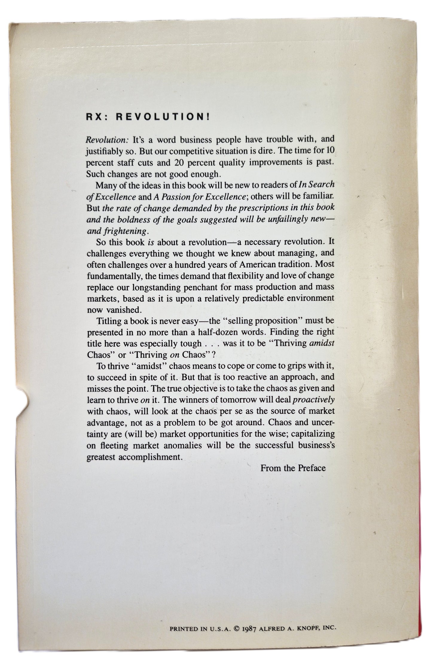 Thriving on Chaos: Handbook for a Management Revolution von Tom Peters (Sehr gut, 1987, Taschenbuch, 562 Seiten, Alfred A. Knopf)