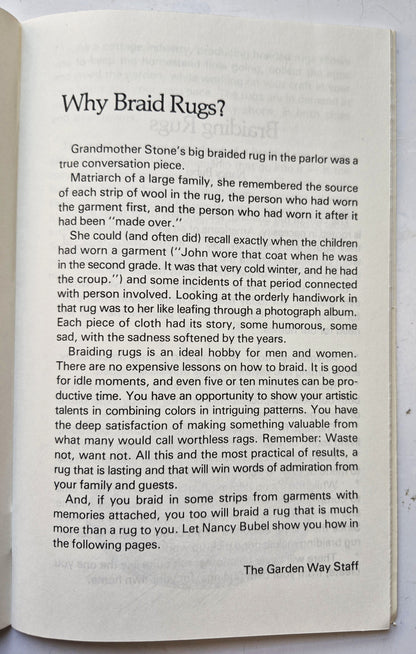 Braiding Rugs von Nancy Bubel (Sehr gut, 1977, Pbk, 32 Seiten, Storey Communications)