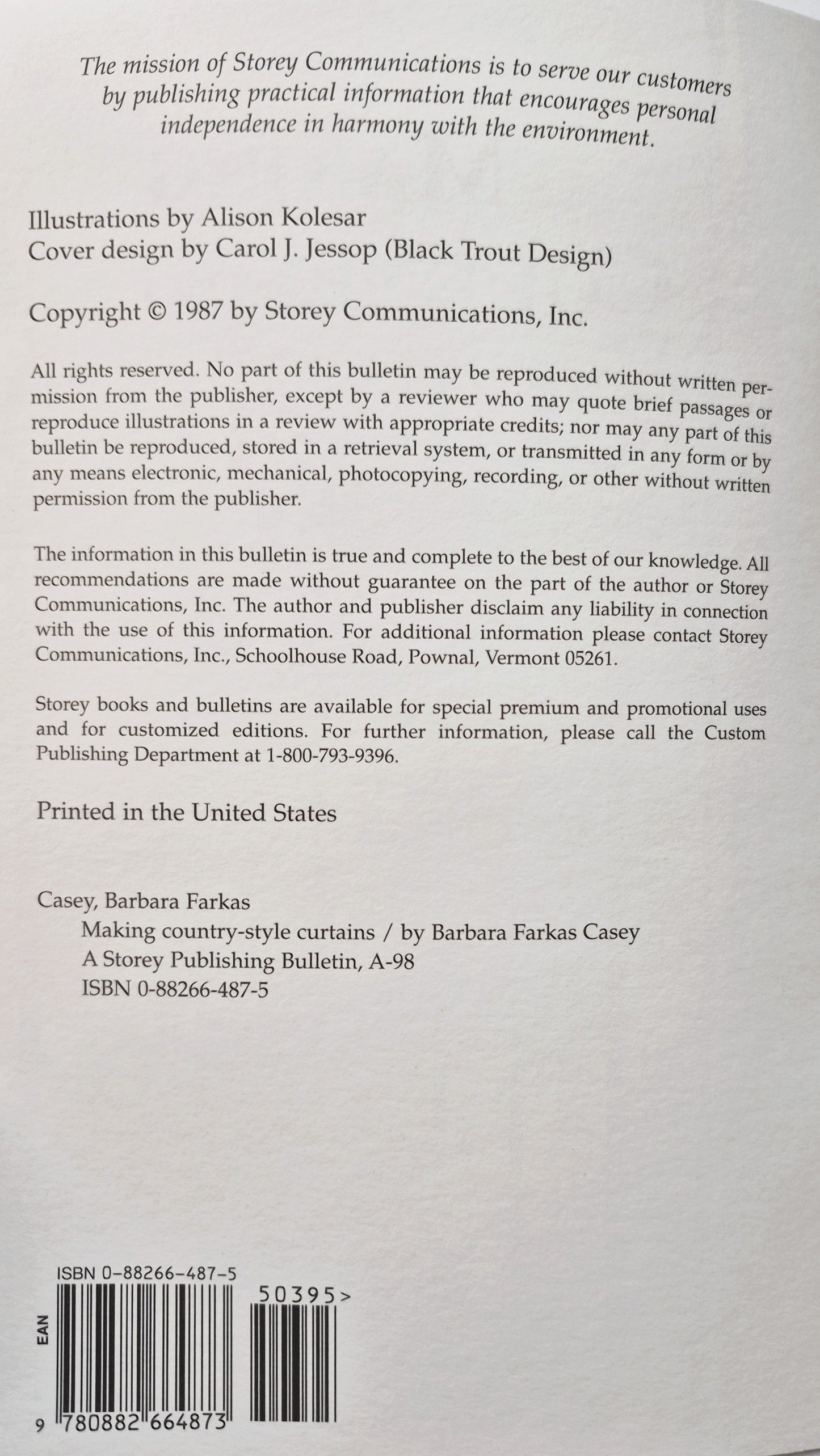 Making Country-Style Curtains von Barbara F. Casey (Sehr gut, 1987, Pbk, 32 S., Story Books)