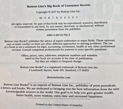 Bottom Line's Big Book of Consumer Secrets (Very good, 2017, HC, 340 pgs)