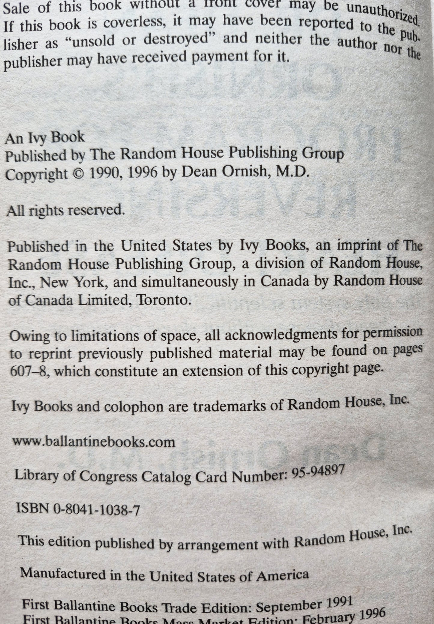 Dr. Dean Ornish's Program for Reversing Heart Disease by Dean Ornish (Very Good 1996 Pbk 638 pgs Ballantine Books)
