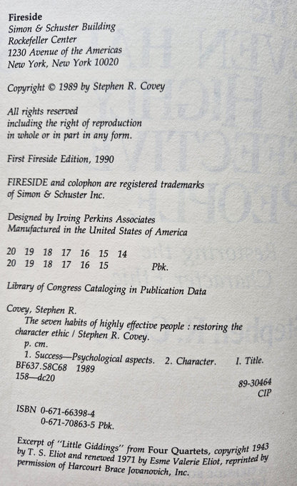 The 7 Habits of Highly Effective People: Powerful Lessons in Personal Change by Stephen R. Covey (Very Good 1990 Pbk 358 pgs Fireside Books)