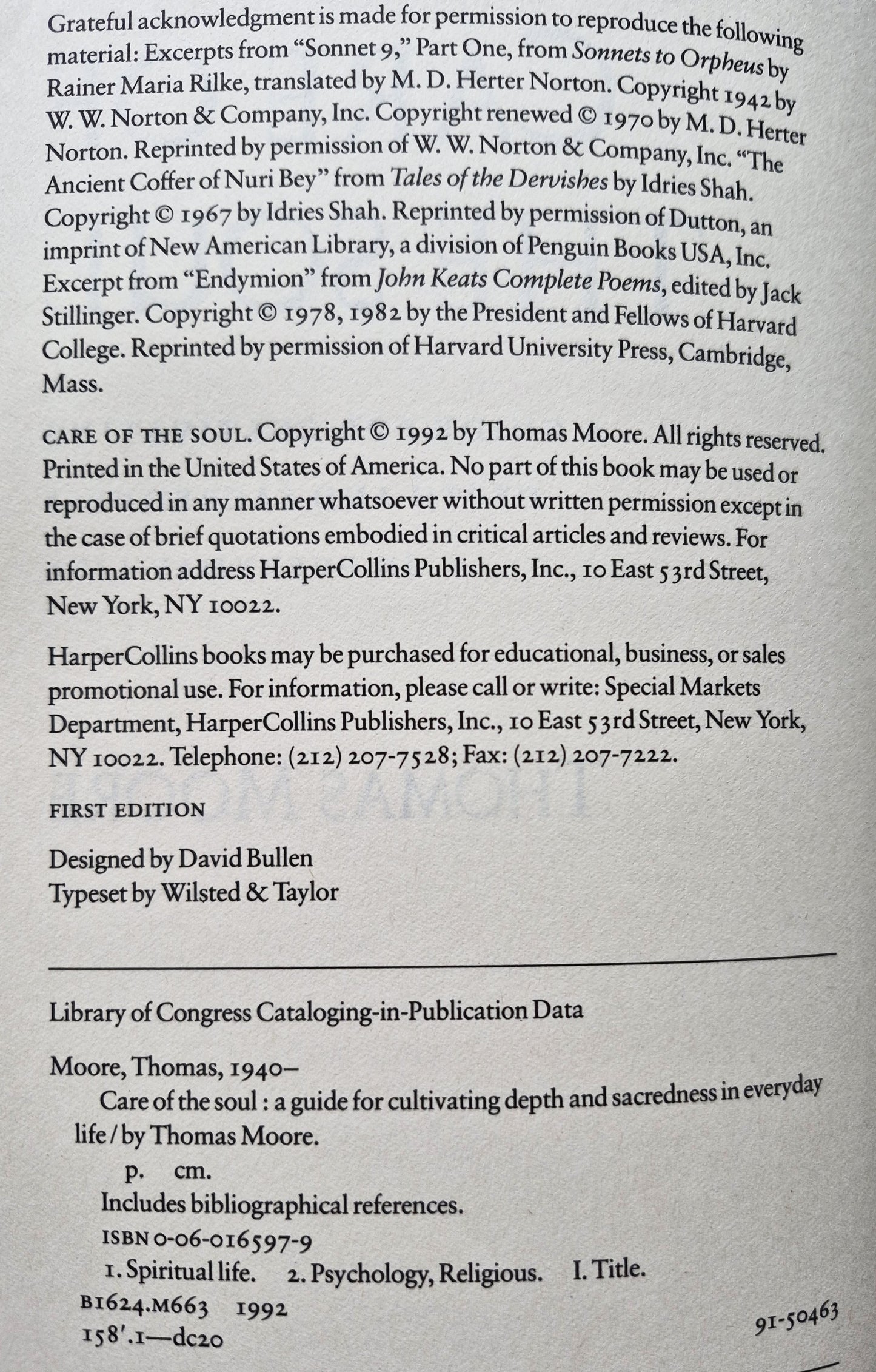 Care of the Soul: A Guide for Cultivating Depth and Sacredness in Everyday Life by Thomas Moore (Very Good 1992 Pbk 312 pgs HarperCollins)