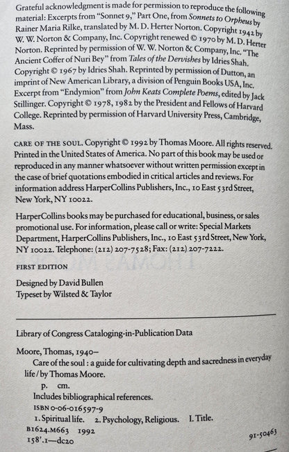 Care of the Soul: A Guide for Cultivating Depth and Sacredness in Everyday Life by Thomas Moore (Very Good 1992 Pbk 312 pgs HarperCollins)