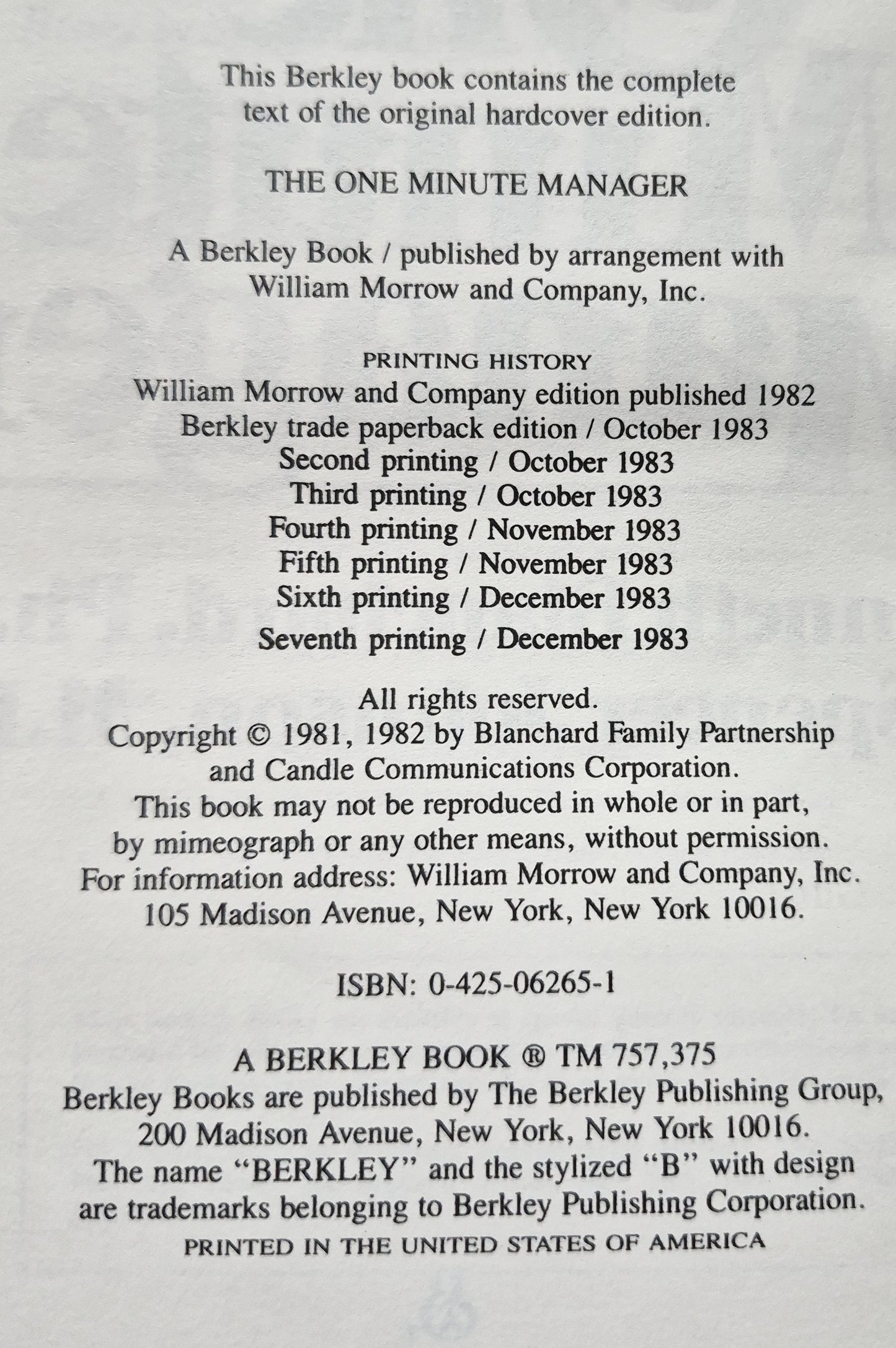 The One Minute Manager by Kenneth Blanchard; Spencer Johnson (Very Good 1983 Pbk 111 pgs Berkley Books)