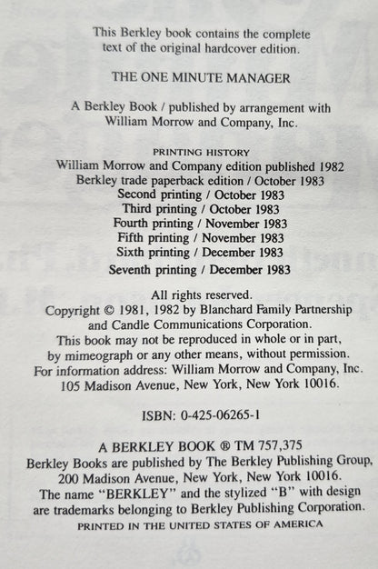 The One Minute Manager by Kenneth Blanchard; Spencer Johnson (Very Good 1983 Pbk 111 pgs Berkley Books)