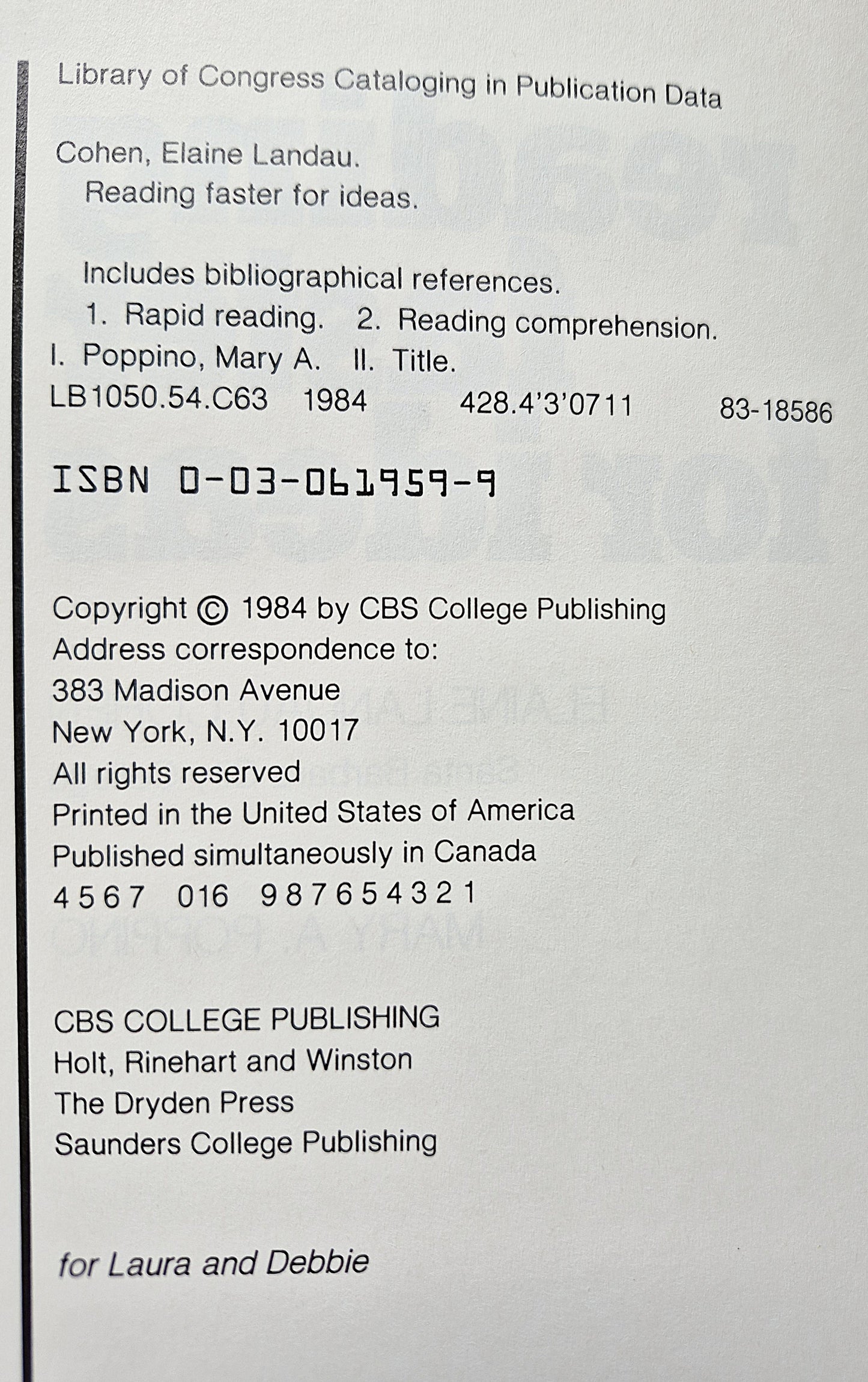 Reading Faster for Ideas by Elaine L. Cohen; Mary A. Poppino (Good 1984 Pbk 321 pgs Holt Rinehart & Wilson)