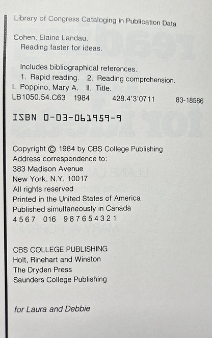 Reading Faster for Ideas by Elaine L. Cohen; Mary A. Poppino (Good 1984 Pbk 321 pgs Holt Rinehart & Wilson)